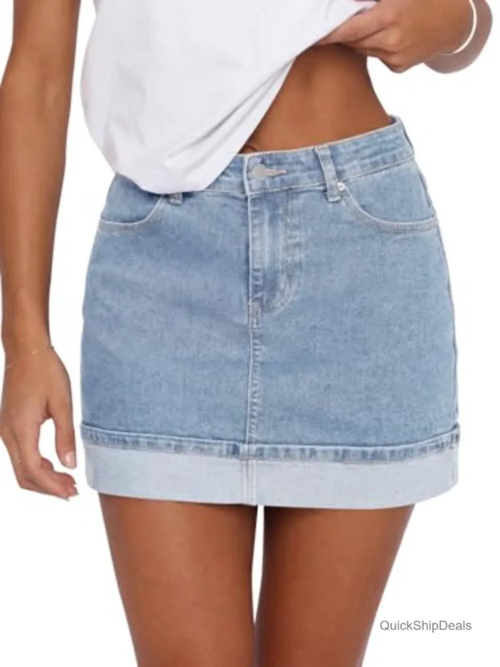 High Waisted Mini Denim Skirt Stretchy Fold Hem Y2K Bodycon Jean Skirt Summer